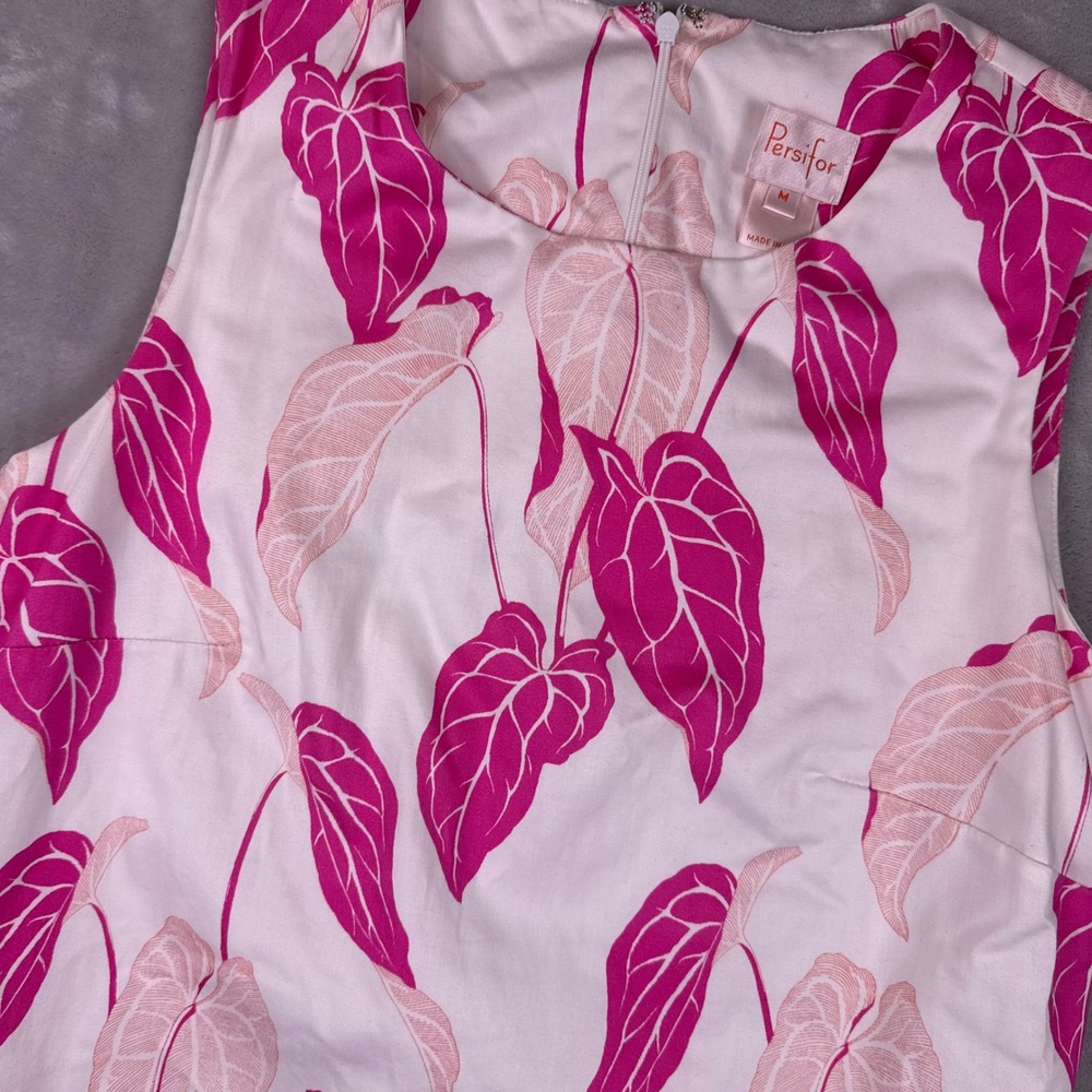 Persifor Pink White Botanical Leaf Print Shift Dress Sleeveless Cotton Blend M